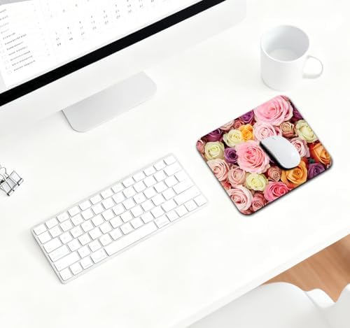 9.5x7.9 Inch Office/Gaming Mouse Pad, Romantic Colorful Roses Floral Bouquet Elegant Rainbow Blooming Flowers, Cute Anti-Slip Mat for Desk Decor