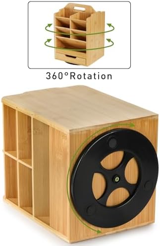 SOUJOY Bamboo Pen Holder Organizer, 360°Rotating Art Supply Storage Caddy, Hold 400+ Pencils, 15 compartments Office Desk Stand Box with Handle for Marker Pens, Colored Pencil, Art Brushes