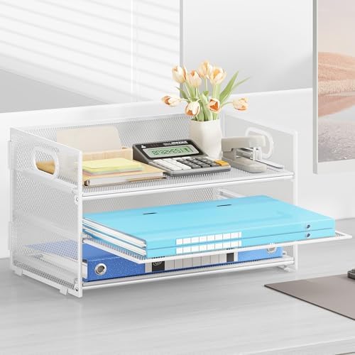 Subekyu 3 Tier Letter Tray Paper Organizer with Handle, 1 PC Sliding Tray, White Metal Mesh Desk File Folder Paper Sorter Organizer for Home Office School Desk Supplies Organization Storage