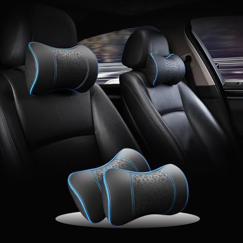 HAOTULE Car Leather Neck Pillows, Neck Rest Cushions,100% Memory Foam Cervical Support, Comfortable Travel car Seats and Home Office Soft Pillows, Blue a Set (2 pcs