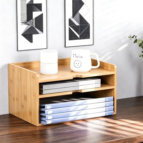 Bamboo Desk File Organizer, Stackable A4 Paper Tray Mail Holder for Office