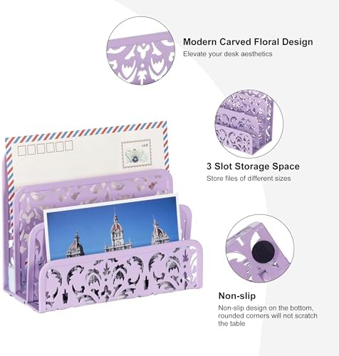 EasyPAG Mail Organizer Countertop 2pc Desk Mail Sorter for Envelope 3-Slot Vertical Letter Holder for Office, Home, School, Purple