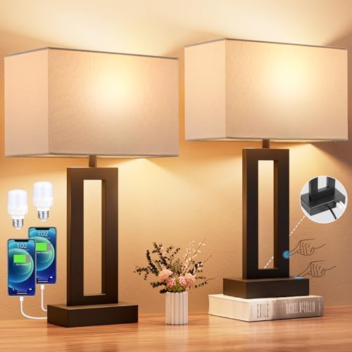 Nightstand Table Lamps for Bedrooms Set of 2 - Touch Bedside Lamp with USB C+A, 3 Way Dimmable Living Room Lamps for End Tables Set of 2, Modern Night Stand Lamps for Bed Side Guest Room(White)