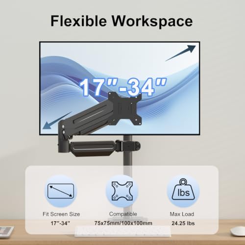 suptek Single Monitor Arm for Desk Mount Stand,Adjustable Monitor Arm for 17 to 32 inch Screen, Support Weight up to 22lbs, Mounting Holes 75x75mm to 100x100mm, ,Pneumatic Pole Mount Arm Black