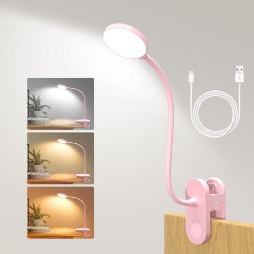 Rechargeable Clip on Light for Bed, Cute LED Reading Lamp for Girls Dorm Room, Portable Book Light with Clamp on Headboard Bedside Table, Flexible Lamp with 3 Color Temp & 10 Brightness (Pink/3.5'')