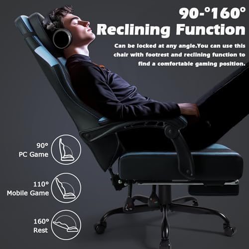 PUKAMI Gaming Chair with Footrest,Ergonomic Gamer Chair for Adults, Racing Style Reclining Computer Game Chair with Headrest and Lumbar Support (Cyan)