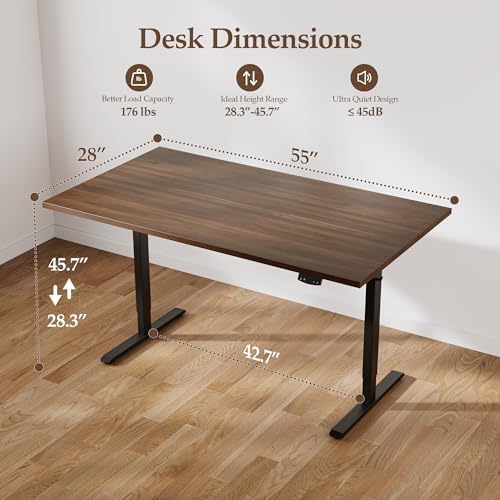 Klicelor 55 x 28 Electric Standing Desk, Sit Stand Up Home Office Desk, Height Adjustable Deep Cumputer Table with Memory Presets and Hooks, Two Pieces, Dark Walnut