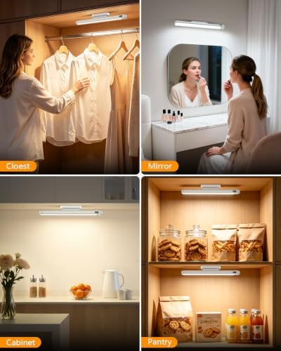 WILLED 3W Motion Sensor Magnetic Light Bar, Eye-Care Rechargeable Closet Light with Battery Level Display, Mirror Lights Stick on, Led Light Bar for Cabinet, Closet, Desk and Bathroom