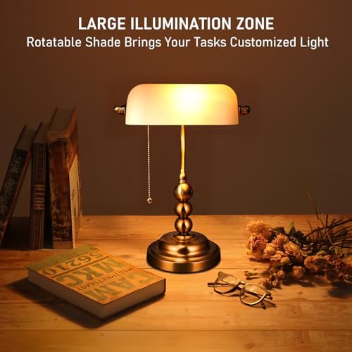 TORCHSTAR Ivory White Glass Bankers Desk Lamp with Pull Chain, E26 Base