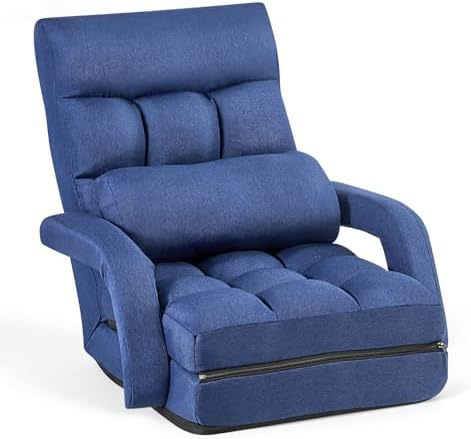 VEVOR Floor Chair, 5 Adjustable Positions Folding Floor Gaming Chair with Back Support, Armrests, and Cushion, Sturdy Metal Frame with Recycled Foam and Linen Fabric, for Reading, Relaxing, Dark Blue