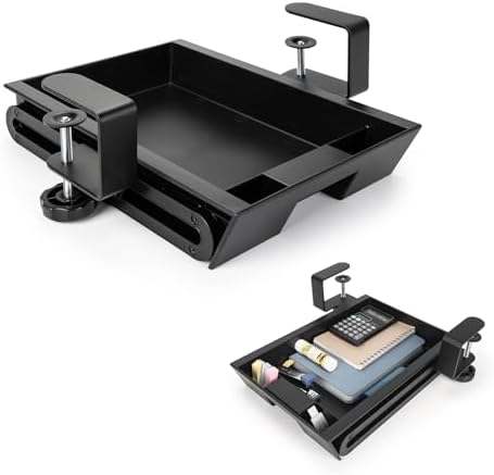 EHO Under Desk Slide-Out Storage Drawer, Small 11.7"x8.2" Pull-Out Organizer with Smooth Sliding Rail, Adjustable C-Clamp Mount, Black Tray for Home Office & Standing Desk