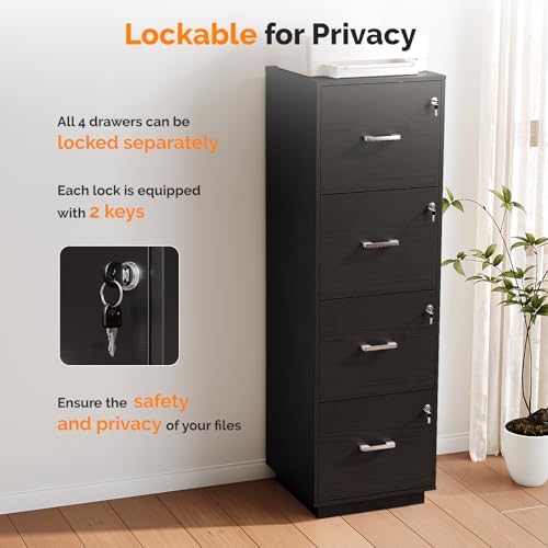 VINGLI 4 Drawer File Cabinet with Lock, Home Office Filing Organizer, for Letter Size File Folder Storage, Wood Tall Vertical Filing Cabinet, Printer Stand, Archivador (Black)