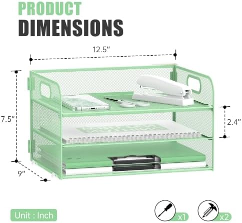 DALTACK 3 Tier Paper Organizer for Desk, Sliding Paper Trays, Mint Green