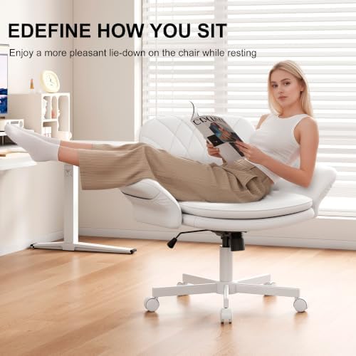 Misolant Criss Cross Chair with Armrests & Wheels for Cross-Legged Sitting, Comfortable PU Leather Vanity Chair, Office Desk Chairs with Adjustable Rocking Function, for Home, Bedroom White