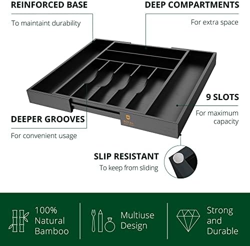 ROYAL CRAFT WOOD Luxury Bamboo Kitchen Drawer Organizer - Silverware Organizer - Utensil Holder and Cutlery Tray with Grooved Drawer Dividers for Flatware and Kitchen Utensils (9 Slot, Black)