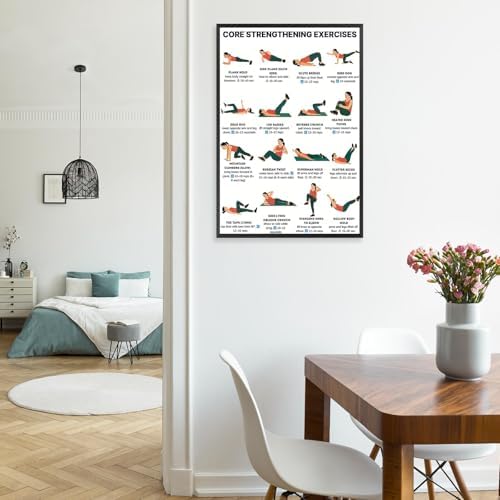 Core Strengthening Workout Poster, 16 Illustrated Abdominal Training Chart with Timing & Rep Guides, Bodyweight Abs & Obliques Exercise Reference for Home Gym Beginner Core Stability Fitness Routine(12x18inchs，Wrapped Framed)