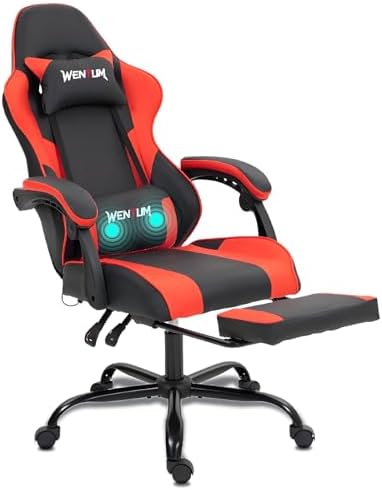 Gaming Chair, Video Game Chair with Footrest and Massage Lumbar Support, Height Adjustable Ergonomic Computer Chair with Swivel Seat and Headrest for Home Office Gaming, Red