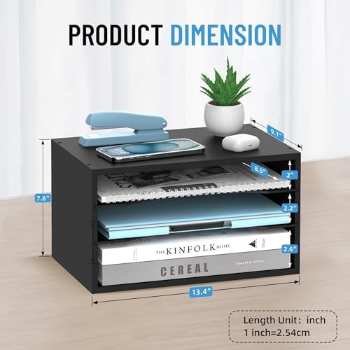 3-Tier Paper Organizer for Desk, Adjustable Mail Organizer, Black