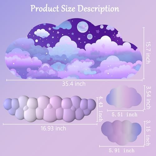 Cloud Mouse Pad Keyboard Wrist Rest for Mouse 4PCS Extended Large Stars Galaxy Space Desk Mat Pad Set Memory Foam Non-Slip Cute Ergonomic Game Mouse Wrist Support for Computer Home Office Purple Sky