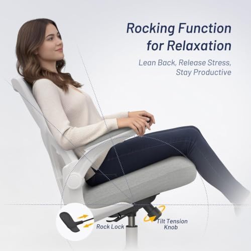 Office Desk Chair for Long Hours & Lower Back Pain Relief – 4“ Thick Molded Foam Cushion, Enhanced Lumbar Support, Padded Flip-up Armrests, Ideal for Office or Study (Light Gray)