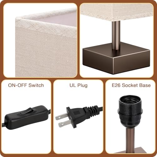 aooshine Browm Small Bedside Lamp for Bedroom - Square Beige Fabric Shade