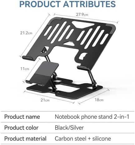 Adjustable Laptop Stand with Phone Holder, Ergonomic Alloy Steel Laptop Riser, Portable & Foldable Computer Stand for Desk, Compatible with MacBook Pro/Air All 10-18" Laptops (Black)