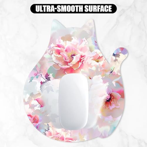 Funny Mouse Pad Cute Cat Shape Office Desk Accessories Decor for Women 9.65 x 8 Inch Small Mousepad with Non-Slip Rubber Base Washable Waterproof, Pink Flower
