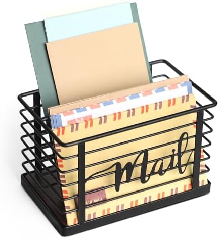 Mail Holder, Acacia Wood & Sturdy Metal Mesh Letter Caddy,2-Slot Desktop Organizer for Desk Home Office