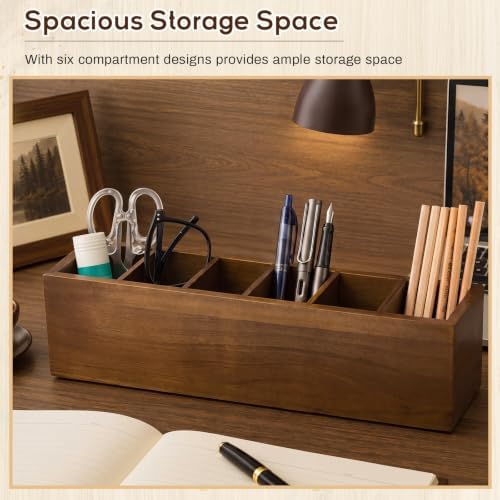 Jetec Wooden Pencil Pen Holder for Desk, Walnut, 6 Compartments