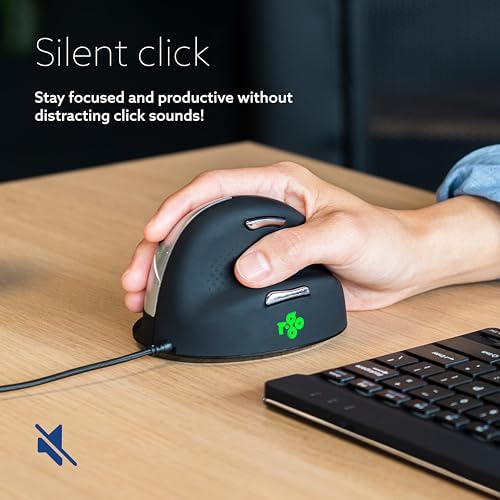 R-Go HE Ergonomic Mouse, with Break Software, USB-C Wired (with USB-A Converter), Vertical Design, Anti-Carpal Tunnel, Silent Click, Customisable Buttons, Compatible for Windows/Mac OS, Black/Silver