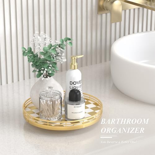 AMH 10-Inch Gold Checkerboard Lazy Susan Vanity Tray with Metal Rail
