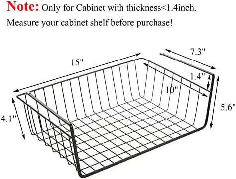 Tebery 4 Pack Black Under Shelf Wire Basket, Hanging Storage Baskets Under Cabinet Add-on Storage Racks, Slide-in Baskets Organizer for Kitchen Pantry Desk Bookshelf