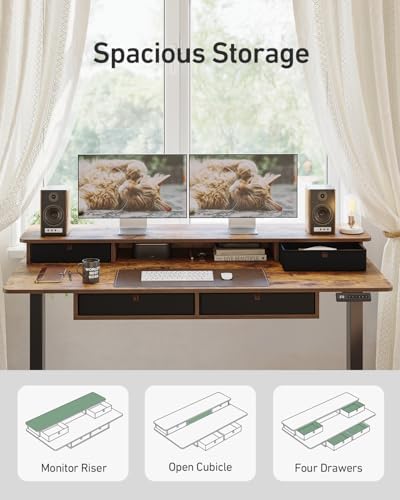 CubiCubi 48" x 24" Standing Electric Desk with Drawers, Rustic Brown