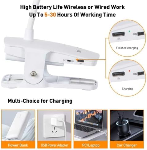 Cordless Rechargeable Clip On Desk Lamp Thick Flexible 360° Gooseneck