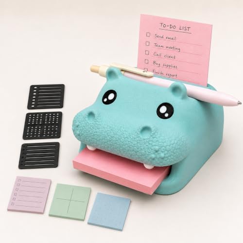 Note Toad Desk Organizer Sticky Note Holder – Frog Shaped Sticky Note Stencil and Holder with 3 Writing Guides, Creative Sticky Note Dispenser for Desk，Mint Hippo