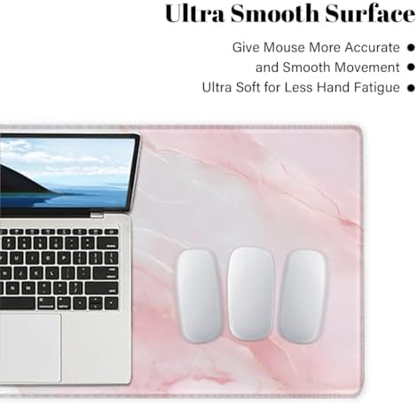 Large Mouse Pad Pink White Marble Non-Slip Rubber Long Gaming Desk Mat Big Computer Keyboard Mousepad Waterproof Protector Wristing Pad for Gaming Office Home Decorative 31.5 X 11.8 Inch
