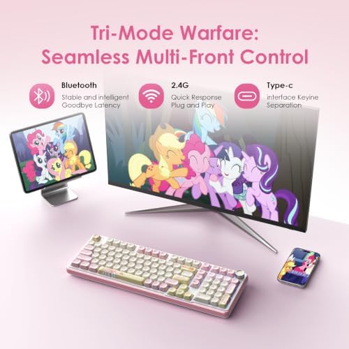 My Little Pony Fluttershy Wireless Mechanical Keyboard, [Official Hasbro Licensed] 101 Keys RGB Gaming Keyboard with Custom Linear Switches & Knob Control, 3-Mode (BT/2.4G/USB-C), Gift for MLP Fans