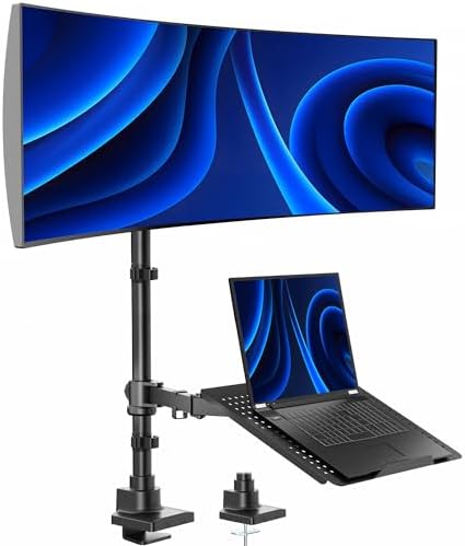 VIVO Extra Tall Desk Mount for up to 49 inch Ultra-Wide Monitor and Tray for up to 17 inch Laptop, Clamp-on Adjustable Stand Holds 44 lb Screens, VESA up to 100x100, Black, STAND-V102T-L