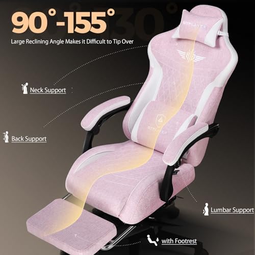 GTPLAYER Gaming Chair with Footrest, Big and Tall Game Chair High Back Computer Office Chair with Lumbar Support for Adults, Ergonomic Swivel Games Chair with Cushion Gaming, Fabric Pink