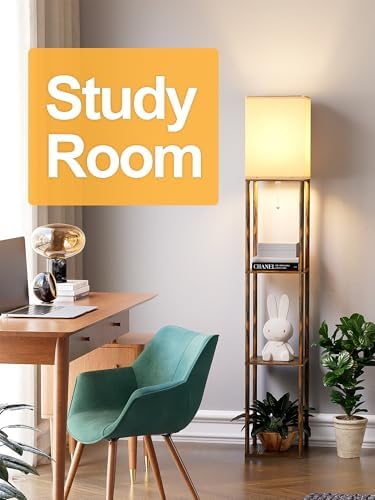 Floor Lamp with Shelves for Living Room Brown, Shelf Floor Lamp with 3 CCT LED Bulb, Corner Display Standing Column Lamp Etagere Organizer Tower Nightstand with White Linen Shade for Bedroom