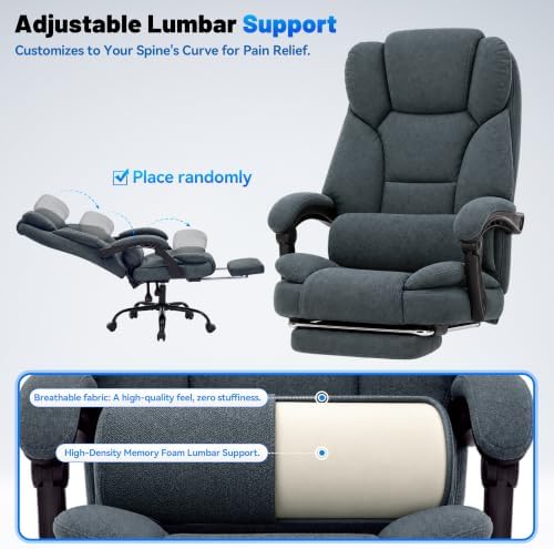 600LBS Executive Office Chair with FootRest for Heavy People High Back Ergonomic Gaming Chair with Lumbar Support Reclining Home Office Desk Chair with Pocket Spring Cushion Fabric (Gray)