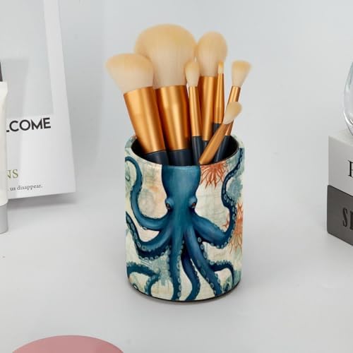 Large Capacity Pen Holder for Desk, Leather Pencil Holder Pen Cup Marker Holder Makeup Brush Holders, Desk Accessories Organizers for Home, School & Office, Nautical Octopus Vintage