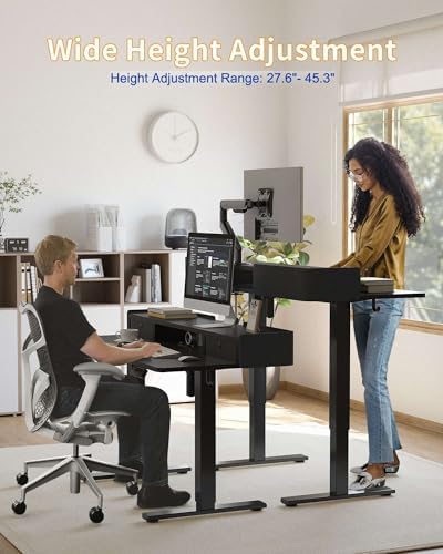 YIHAYO Electric Standing Desk with Drawers, 48 x 24 Inches Adjustable Desk with Storage Shelf, Stand Up Desk with Splice Board, Computer Table for Home Office, Black Frame/Black Top