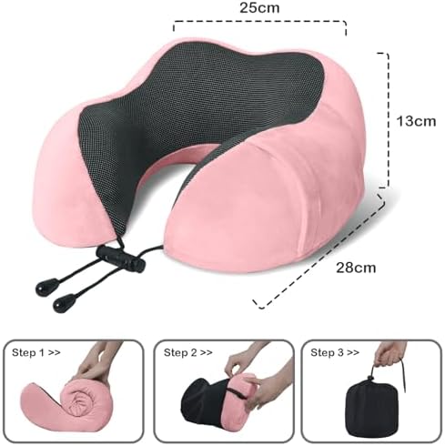 Travel Pillow, Memory Foam Neck Pillow for Traveling, U Shape Neck Pillow Airplane Portable Flight Pillow Travel Kit with 4D Contoured Eye Masks and Earplug for Plane Train Car Home Office - Pink