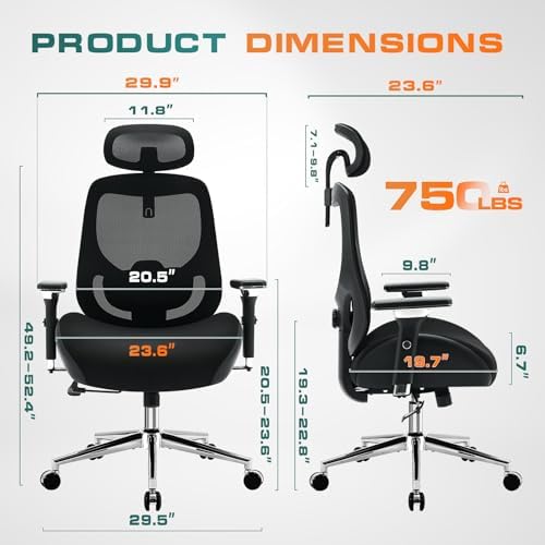 750lbs Big and Tall Office Chair with Headrest, Wide Seat, 4D Armrests Heavy Duty Ergonomic Mesh Desk Chair for Big Guys, Adjustable Lumbar Support, Thick Cushion Executive Chair for Long Hours Work