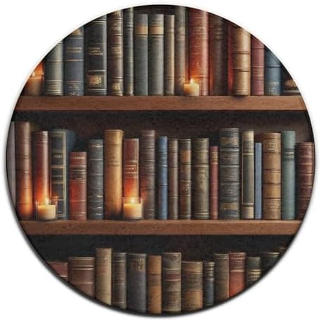 Large Machine Washable Circular Rugs, Home Decor Round Mat for Living Room Sofa Office Vintage Library Bookshelf Candlelight