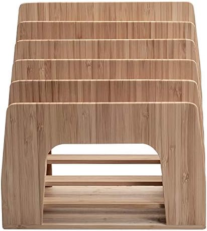 MobileVision Bamboo Desktop Inclined File Folder Organizer and Paper Tray, Upright Sections, Step Sorter, 5 Slots