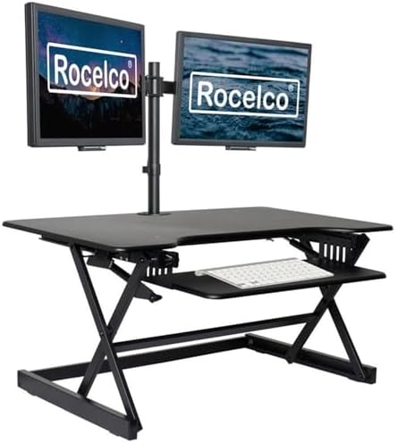 Rocelco 38" Large Height Adjustable Standing Desk Converter - Quick Sit Stand Up Dual Monitor Riser - Gas Spring Assist Tabletop Computer Workstation - Retractable Keyboard Tray - Black (R DADRB-38)