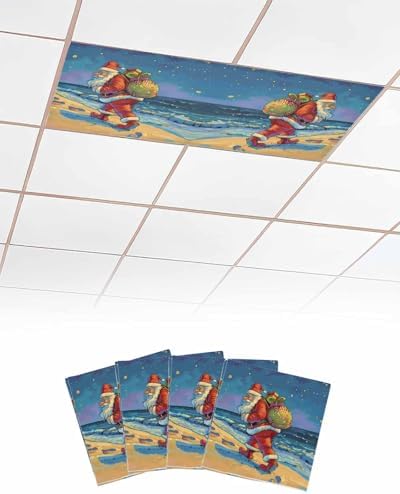 Christmas Beach Magnetic Fluorescent Light Covers for Ceiling Lights 2 x 4 Feet,Santa Claus Palm Trees Sandy Blue Office Classroom Kitchen Drop Ceiling Light Covers Filters Shade Panel 4 Packs