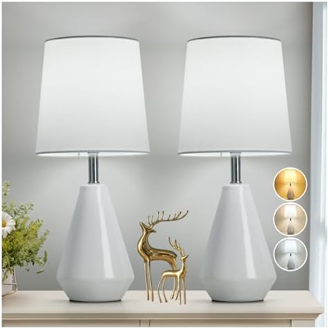 Small Bedside Table Lamp for Bedroom-Reading Desk Lamp Set of 2,with 3 Color Temperatures,15.5" Nightstand Ceramic Lamp with Fabric Shade for Kids Room,Living Room,Dorm,Home Office(White)